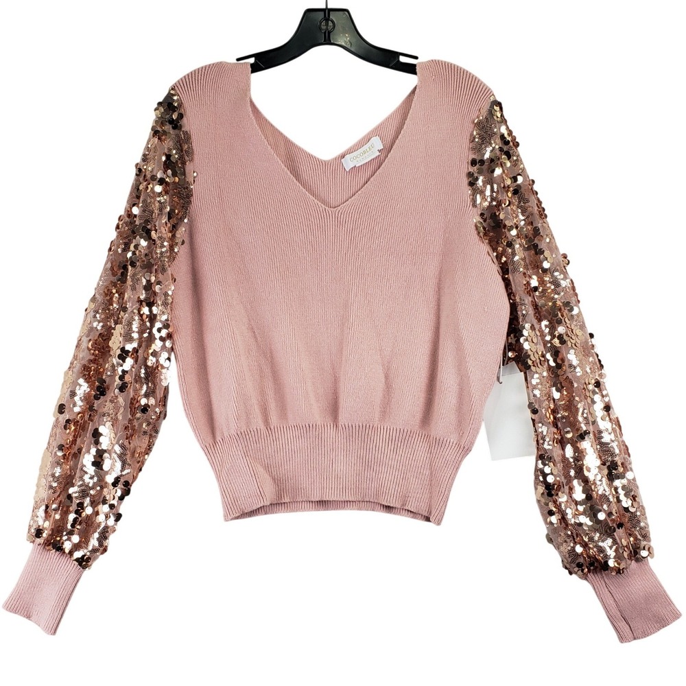 COCOBLEU 23FS344 Sweater Womens L Pink Sequin Balloon Sleeve V Neck